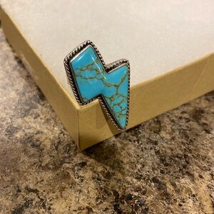 Genuine, turquoise, and sterling silver adjustable lightning bolt ring